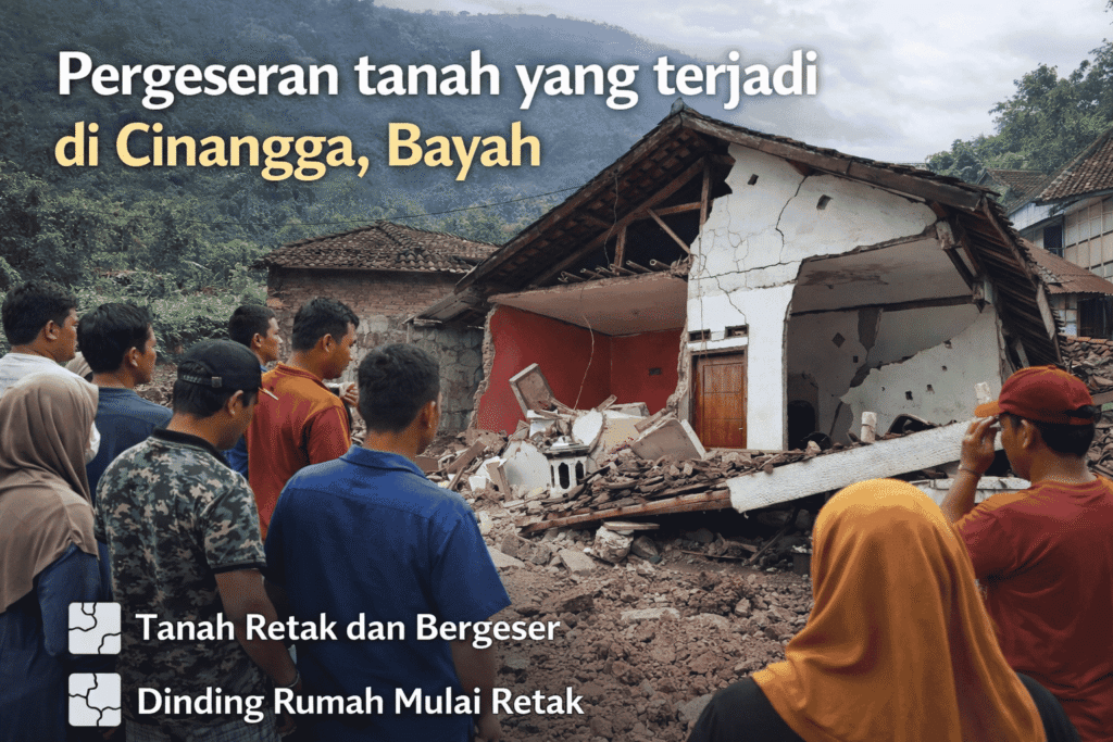 warga berkumpul melihat rumah yang rubuh